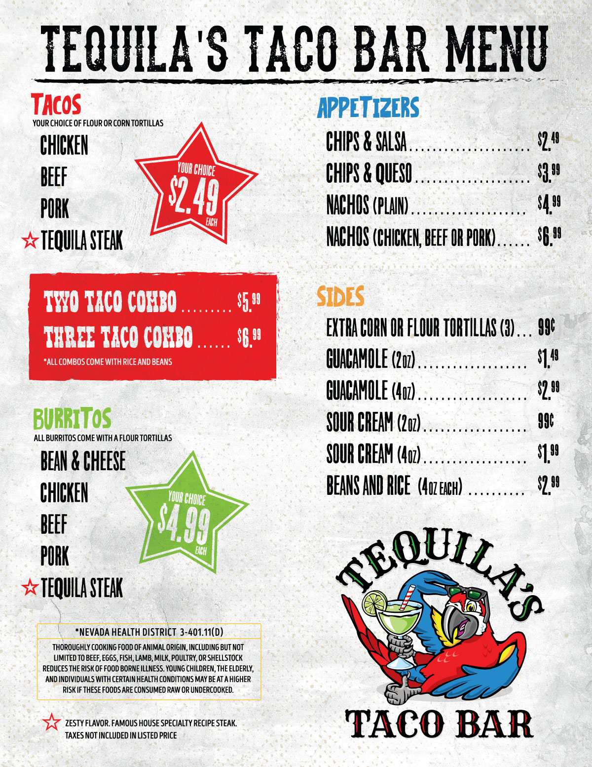 Tequilas Taco Bar menu